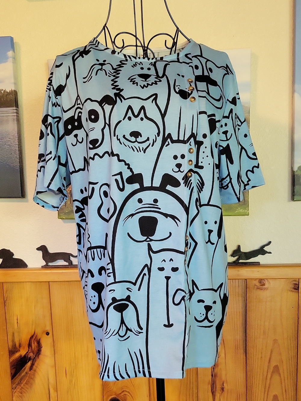 Source Unknown Blue & Black Dog Print Tunic with Button Detail